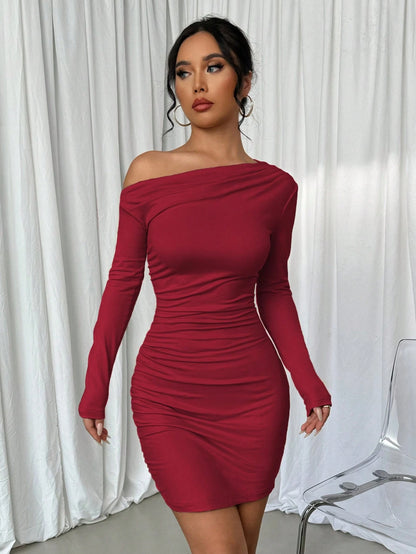 Elenzga Asymmetric Ruffle Trim Oblique Shoulder Long Sleeve Dress Fall Cloth For Women