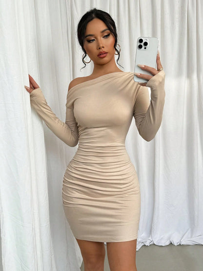 Elenzga Asymmetric Ruffle Trim Oblique Shoulder Long Sleeve Dress Fall Cloth For Women
