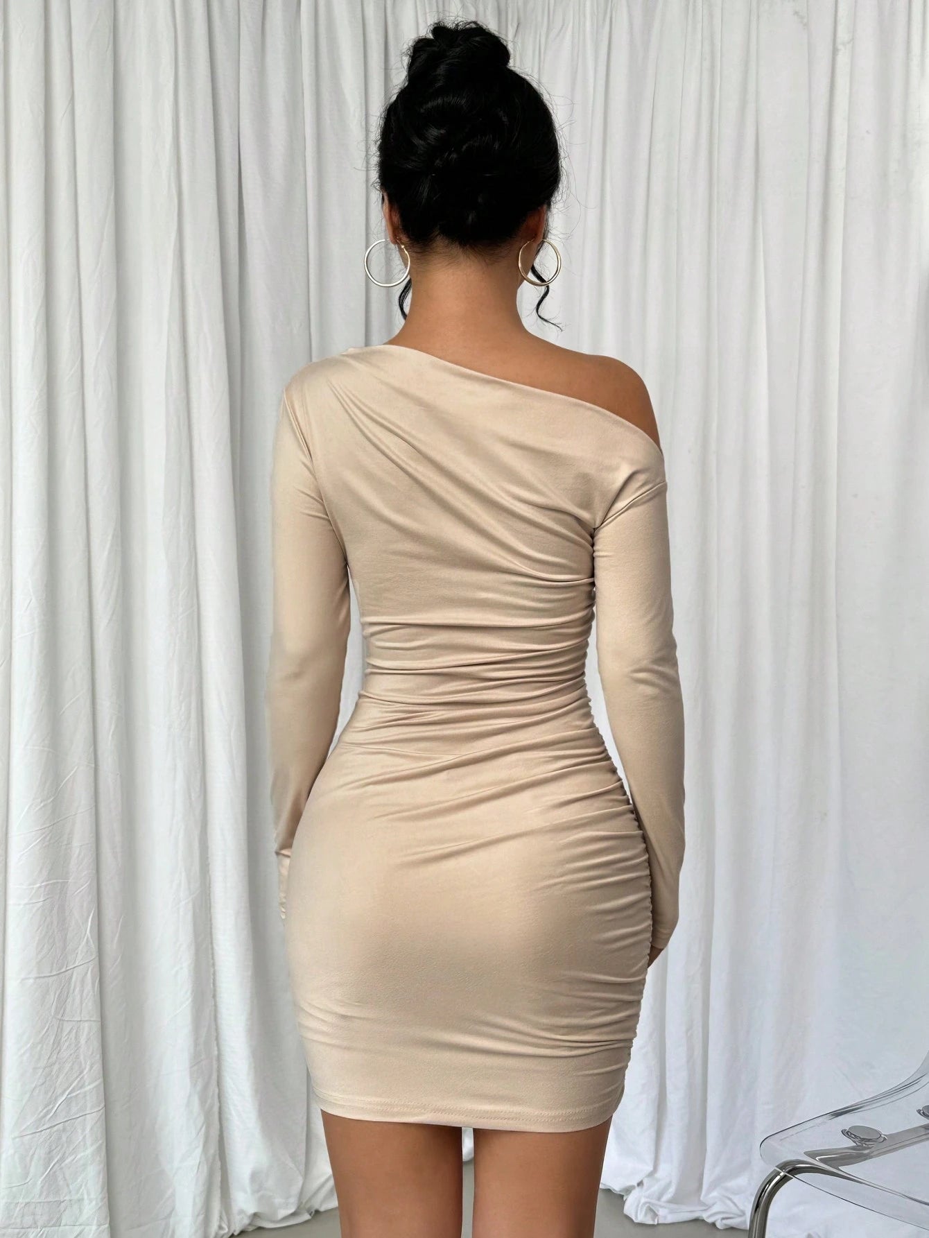 Elenzga Asymmetric Ruffle Trim Oblique Shoulder Long Sleeve Dress Fall Cloth For Women