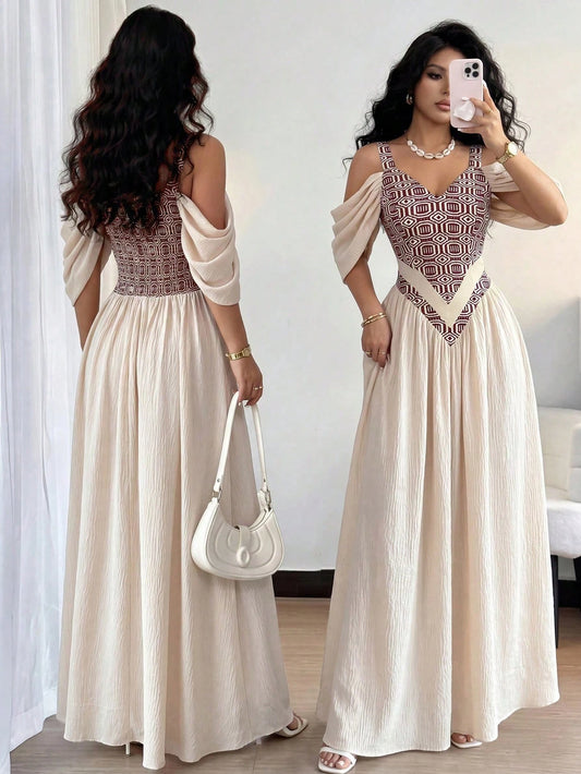 Elenzga Elegant Boho Romantic Delicate Women's Dress, Spaghetti Strap Sexy Print A-Line Vacation Vacation Beige Summer