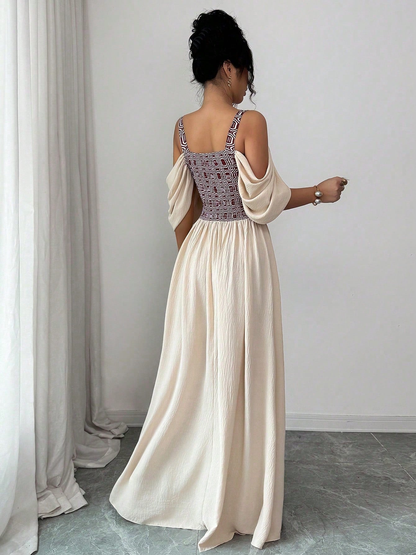 Elenzga Elegant Boho Romantic Delicate Women's Dress, Spaghetti Strap Sexy Print A-Line Vacation Vacation Beige Summer