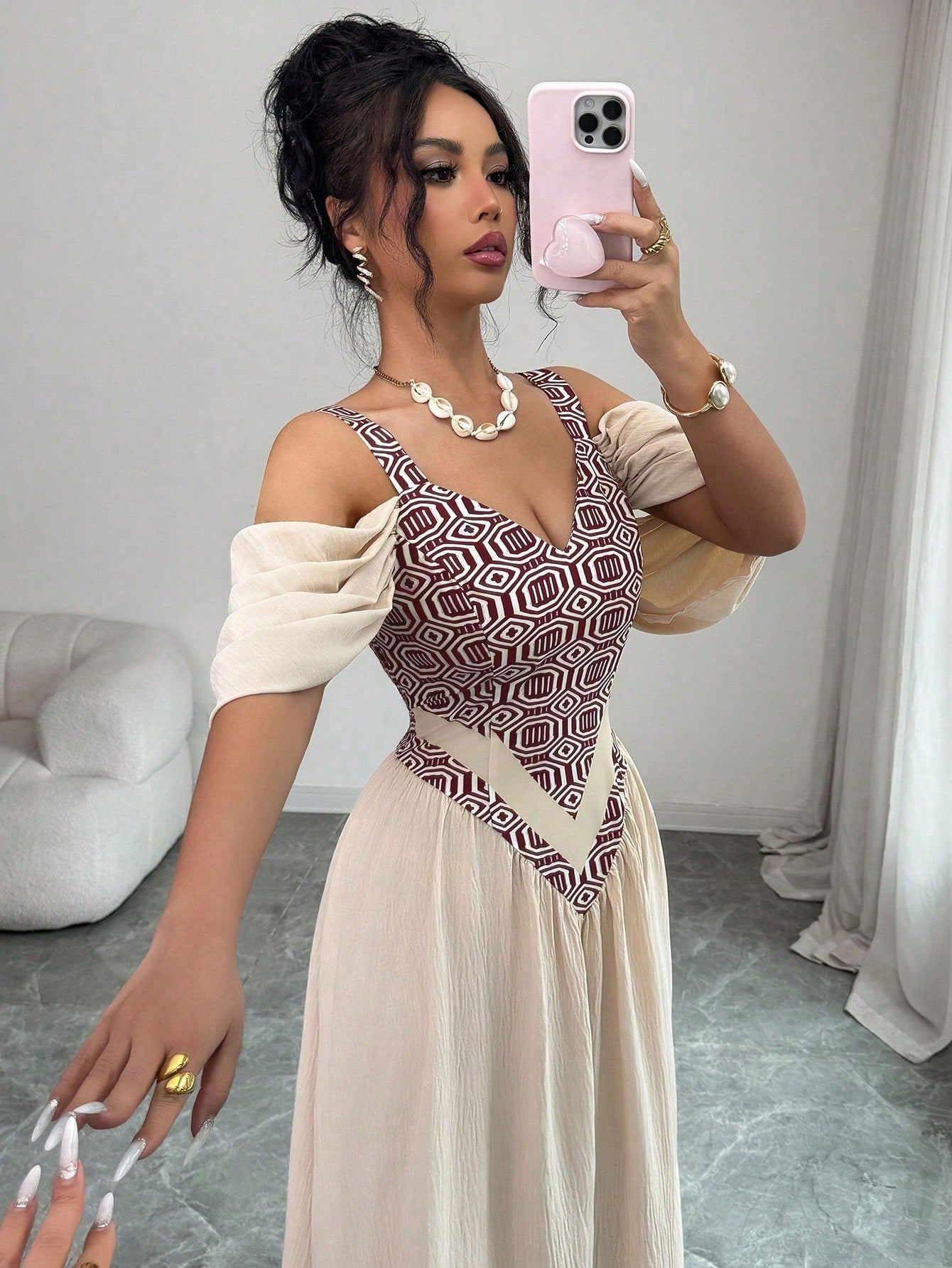 Elenzga Elegant Boho Romantic Delicate Women's Dress, Spaghetti Strap Sexy Print A-Line Vacation Vacation Beige Summer