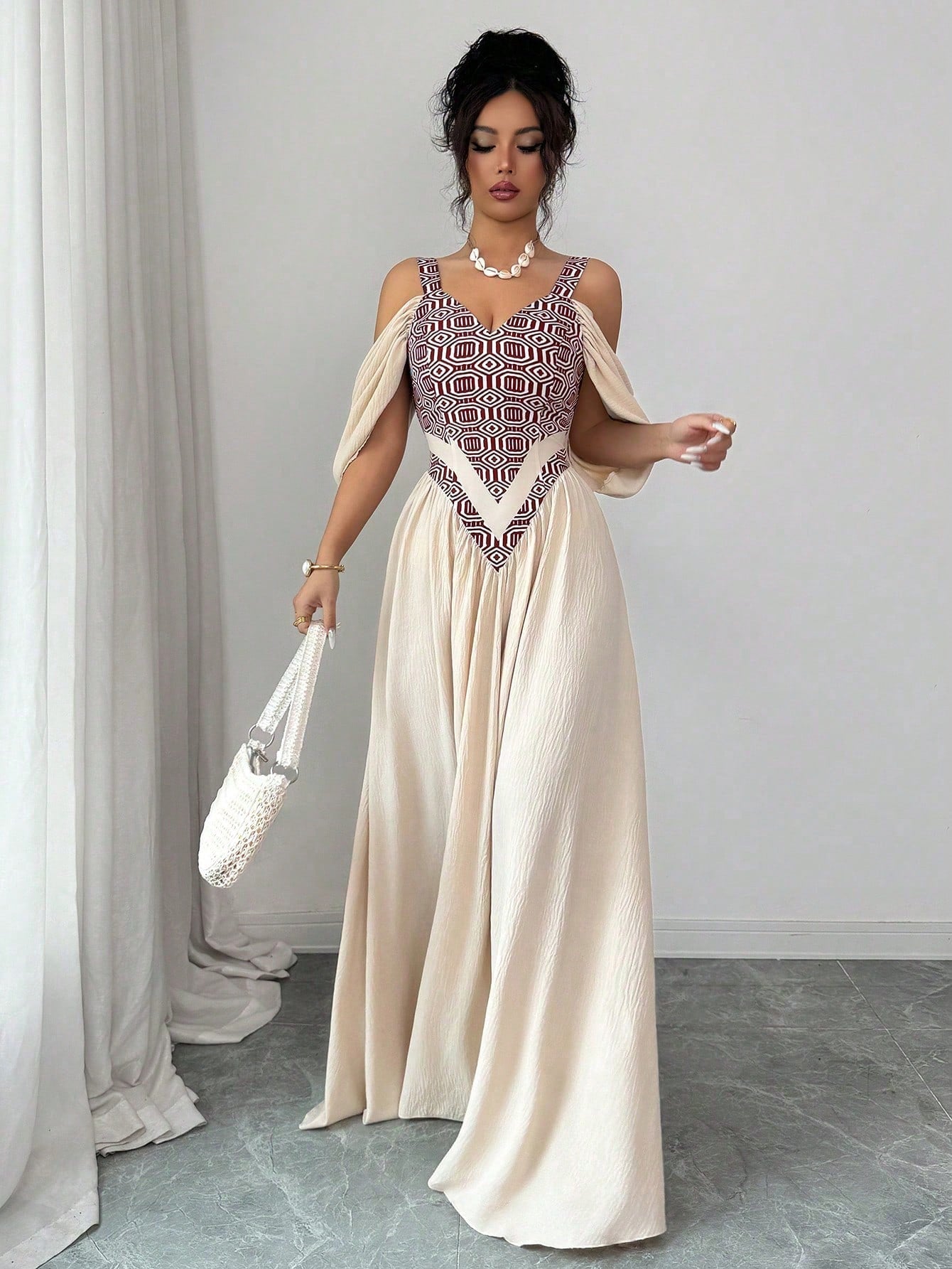 Elenzga Elegant Boho Romantic Delicate Women's Dress, Spaghetti Strap Sexy Print A-Line Vacation Vacation Beige Summer