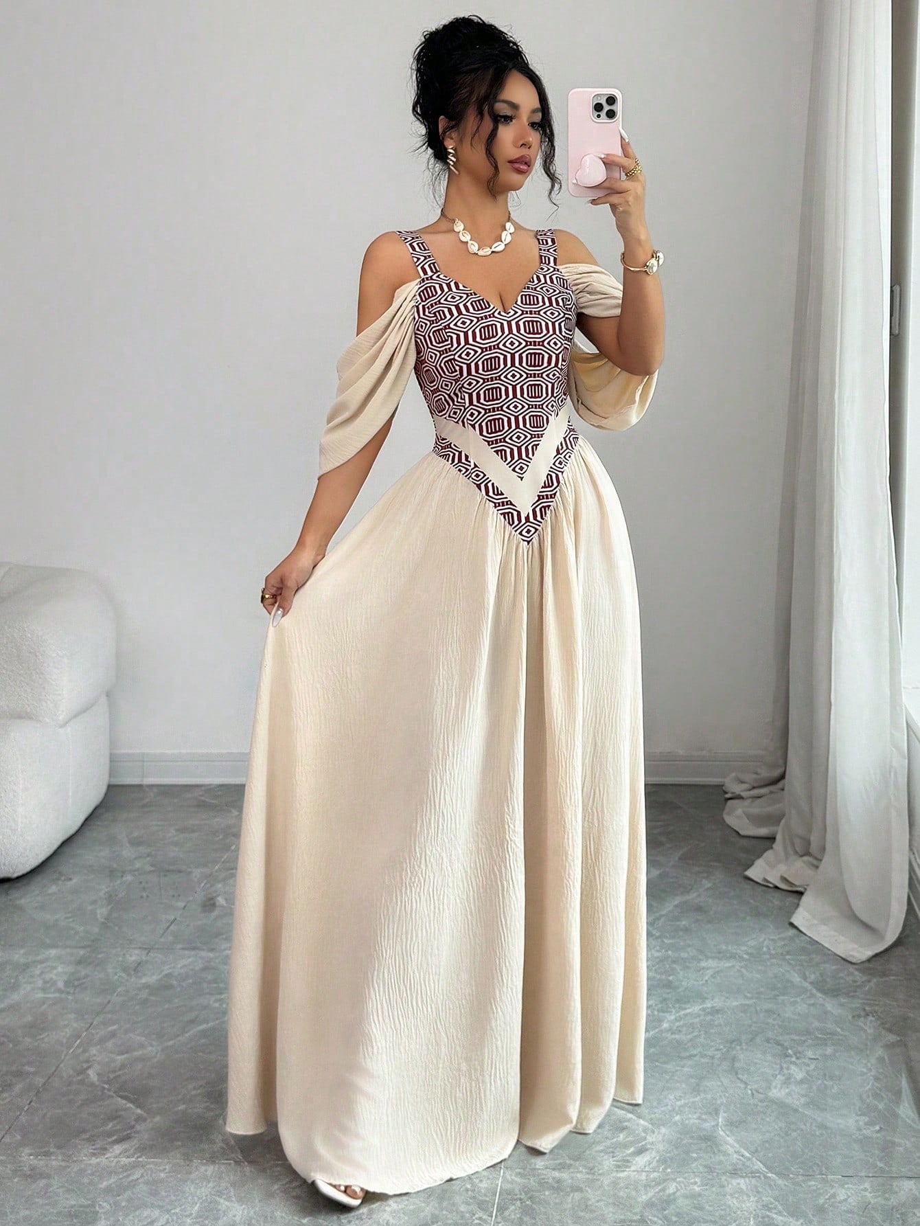 Elenzga Elegant Boho Romantic Delicate Women's Dress, Spaghetti Strap Sexy Print A-Line Vacation Vacation Beige Summer