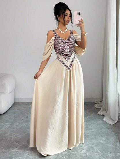 Elenzga Elegant Boho Romantic Delicate Women's Dress, Spaghetti Strap Sexy Print A-Line Vacation Vacation Beige Summer