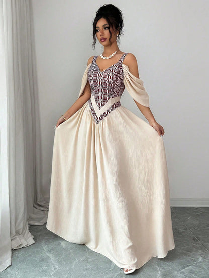 Elenzga Elegant Boho Romantic Delicate Women's Dress, Spaghetti Strap Sexy Print A-Line Vacation Vacation Beige Summer