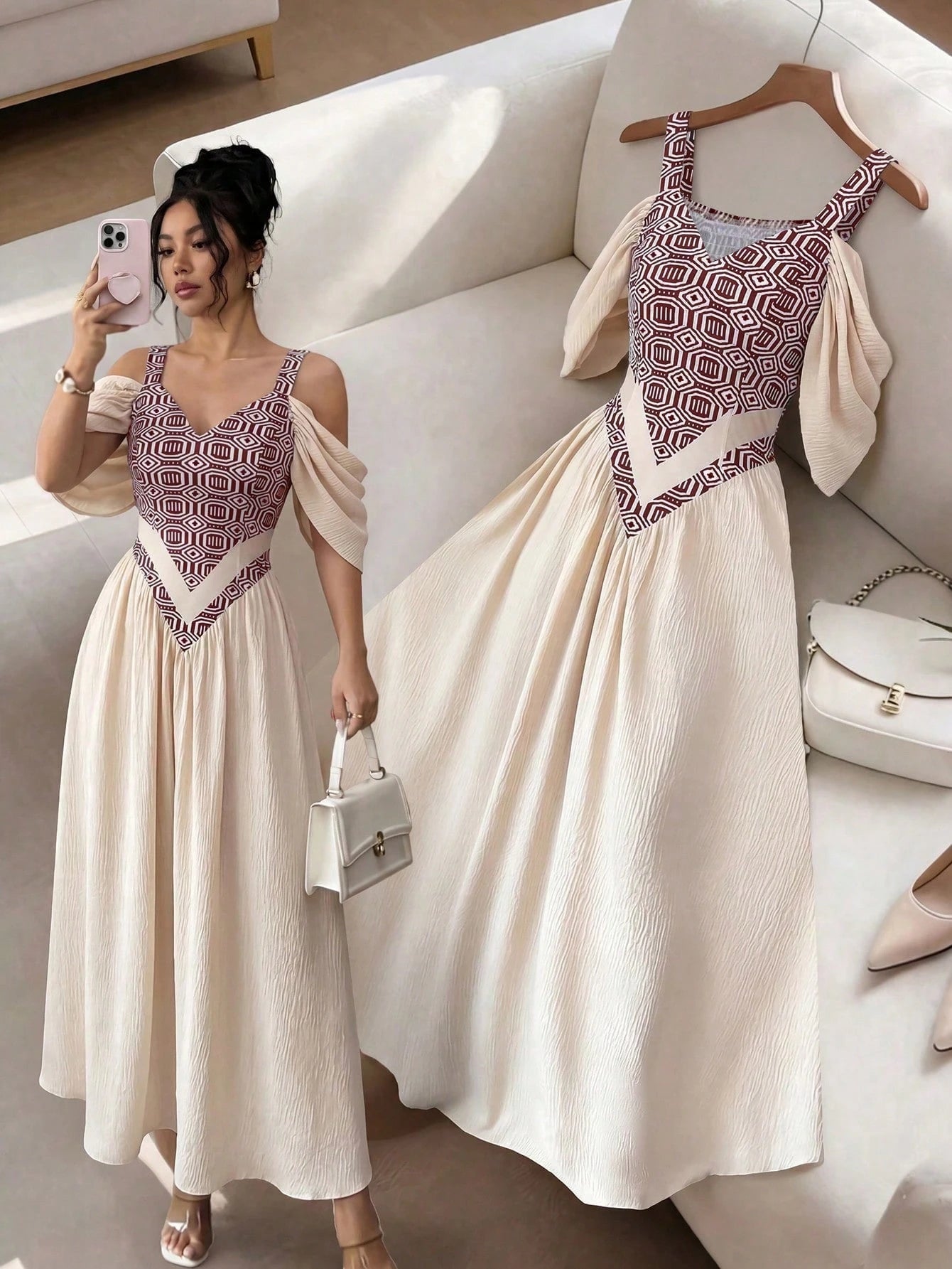 Elenzga Elegant Boho Romantic Delicate Women's Dress, Spaghetti Strap Sexy Print A-Line Vacation Vacation Beige Summer