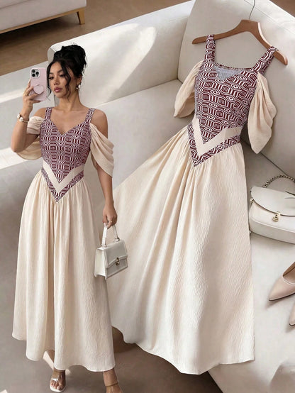 Elenzga Elegant Boho Romantic Delicate Women's Dress, Spaghetti Strap Sexy Print A-Line Vacation Vacation Beige Summer