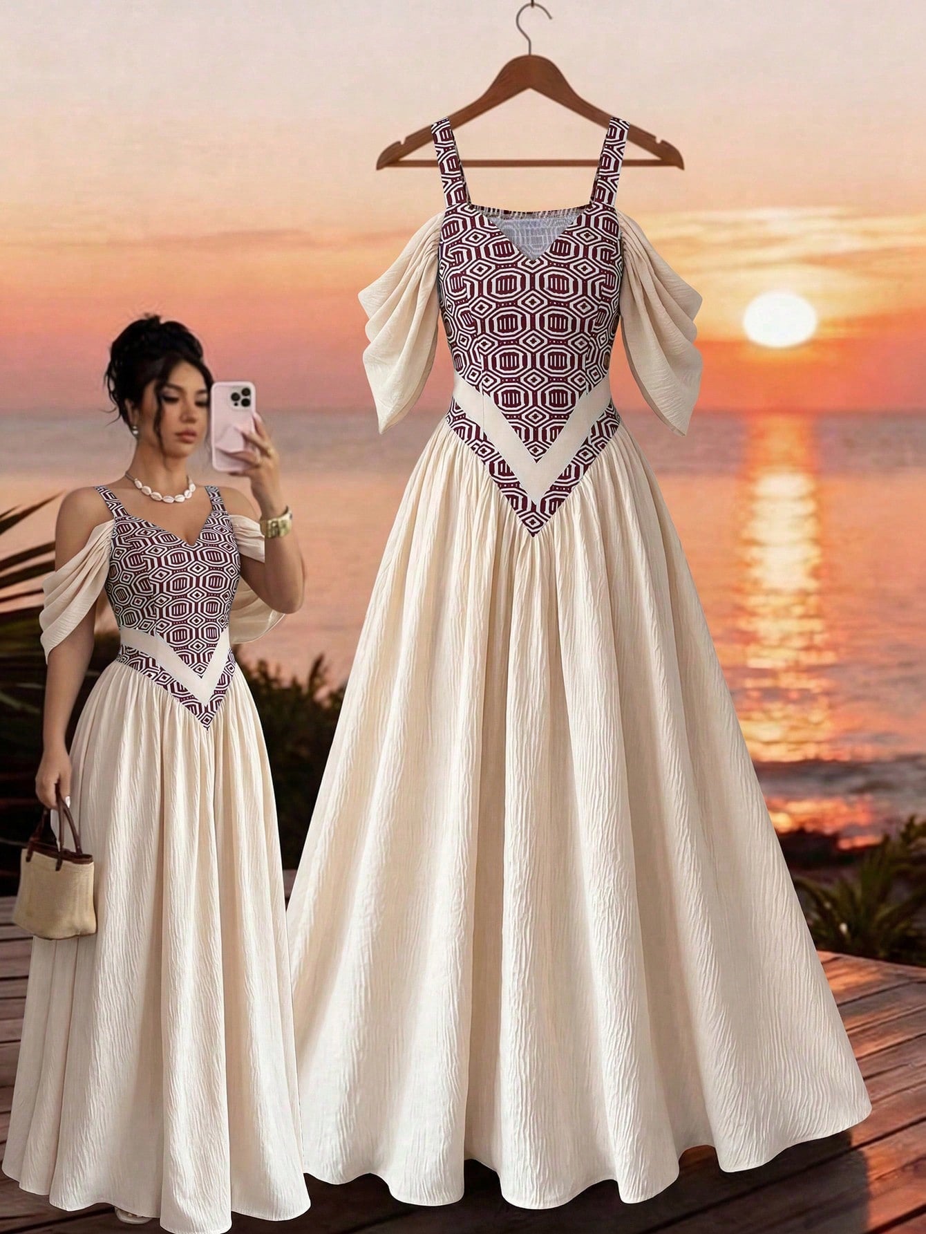 Elenzga Elegant Boho Romantic Delicate Women's Dress, Spaghetti Strap Sexy Print A-Line Vacation Vacation Beige Summer