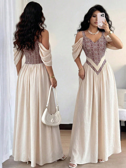 Elenzga Elegant Boho Romantic Delicate Women's Dress, Spaghetti Strap Sexy Print A-Line Vacation Vacation Beige Summer
