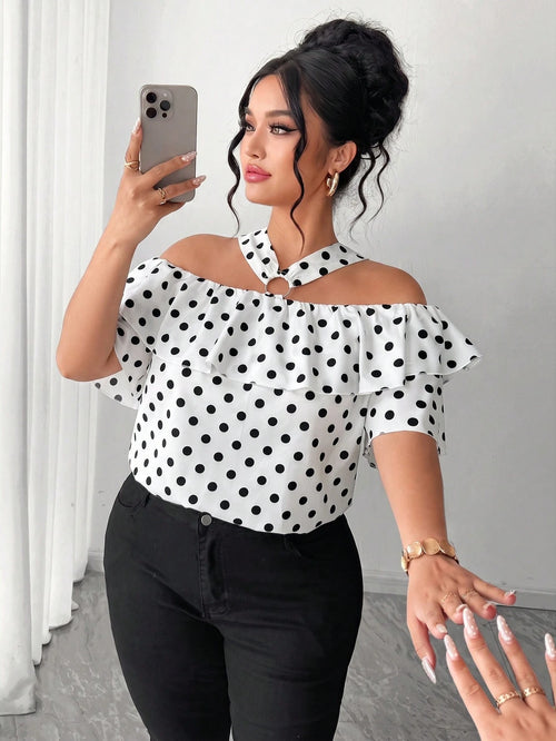 Elenzga Elegant Off-Shoulder Metal Decor Ring Ruffle Straight Neckline Plus Size Women Polka Dot Blouse
