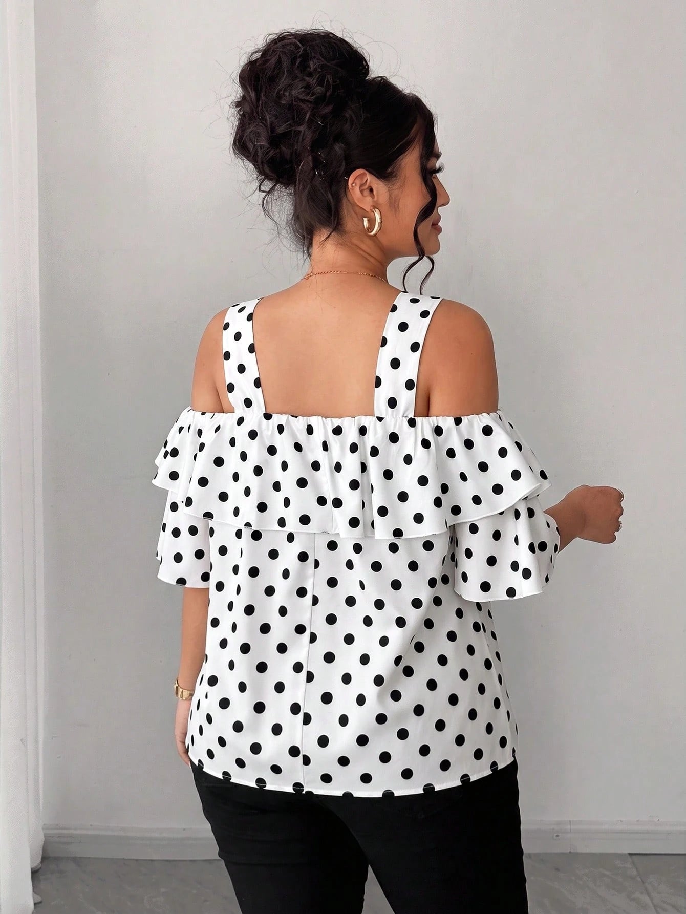 Elenzga Elegant Off-Shoulder Metal Decor Ring Ruffle Straight Neckline Plus Size Women Polka Dot Blouse
