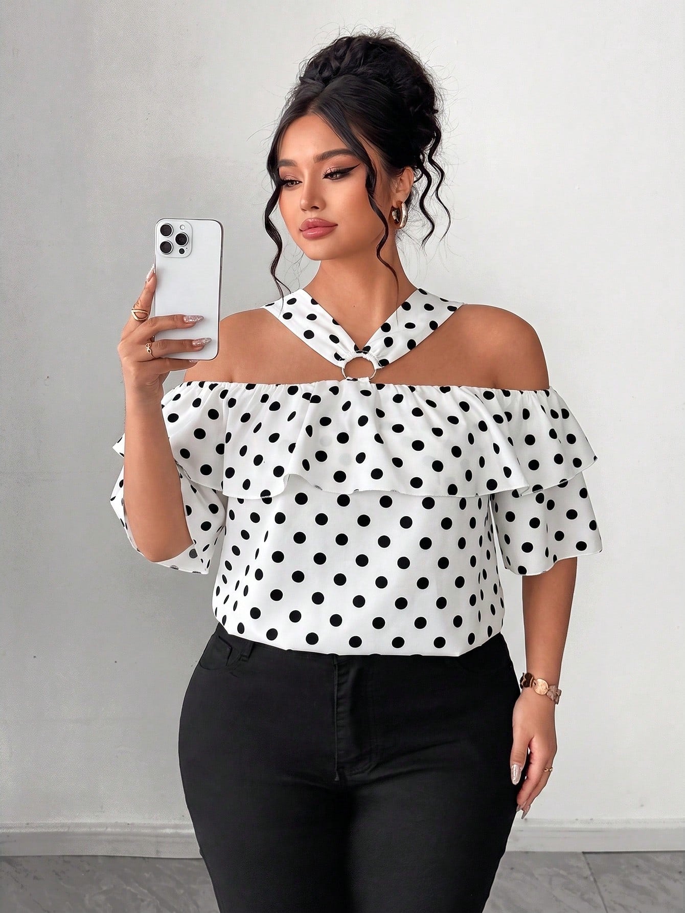 Elenzga Elegant Off-Shoulder Metal Decor Ring Ruffle Straight Neckline Plus Size Women Polka Dot Blouse