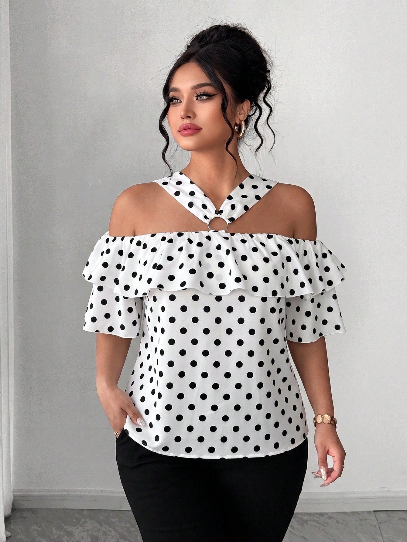 Elenzga Elegant Off-Shoulder Metal Decor Ring Ruffle Straight Neckline Plus Size Women Polka Dot Blouse