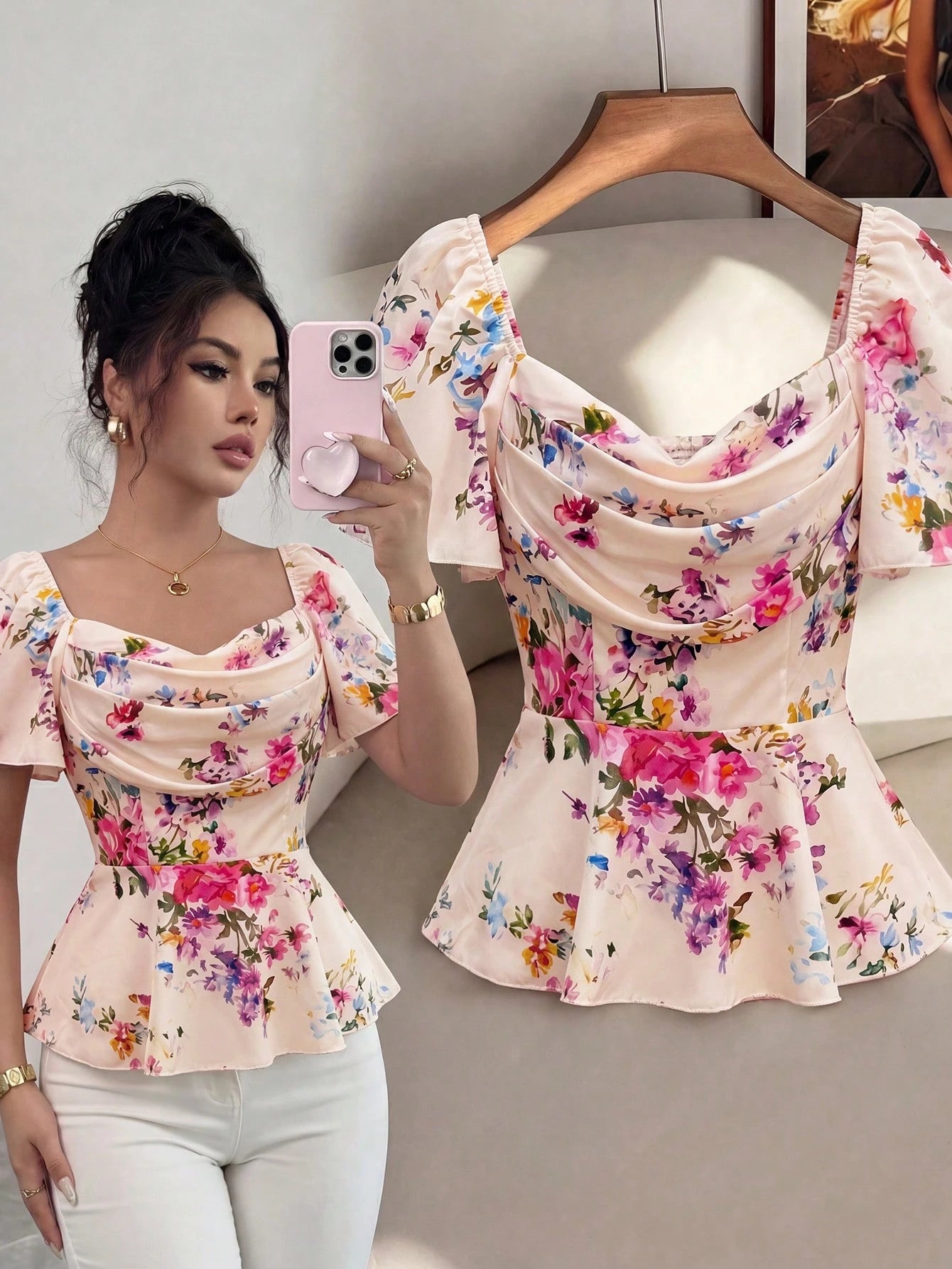 Elenzga Elegant Romantic Printed Ruffle Collar Fitted Women Blouse