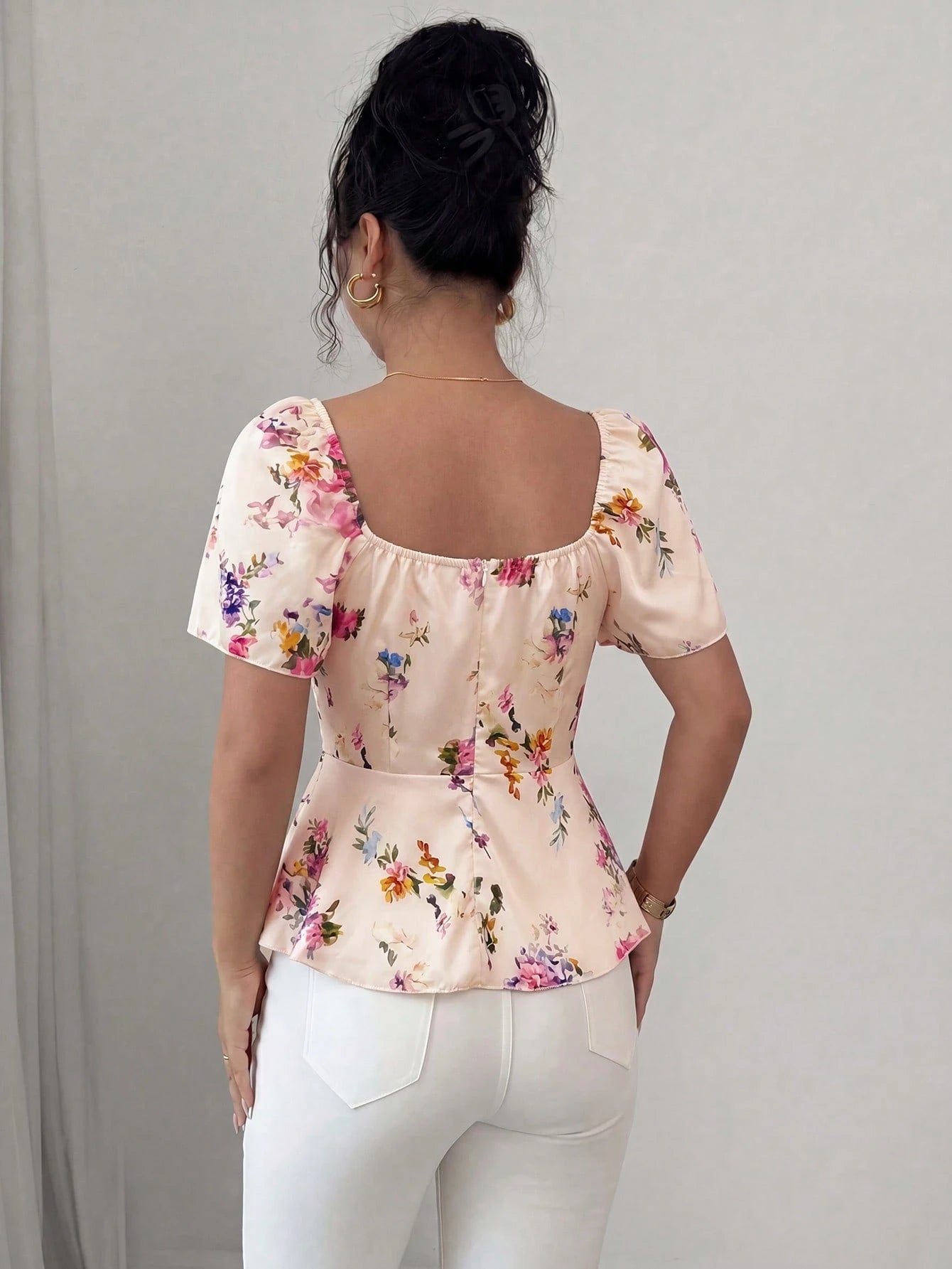 Elenzga Elegant Romantic Printed Ruffle Collar Fitted Women Blouse