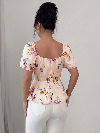 Elenzga Elegant Romantic Printed Ruffle Collar Fitted Women Blouse