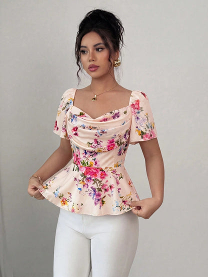 Elenzga Elegant Romantic Printed Ruffle Collar Fitted Women Blouse