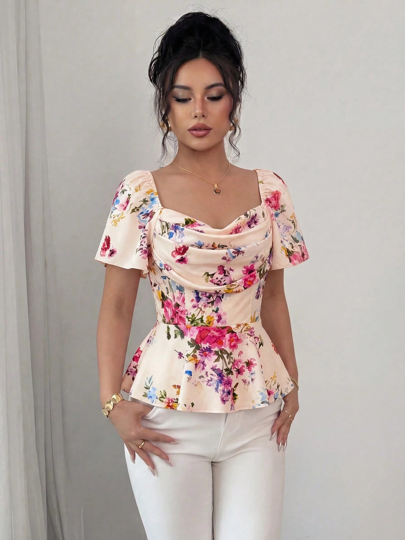 Elenzga Elegant Romantic Printed Ruffle Collar Fitted Women Blouse