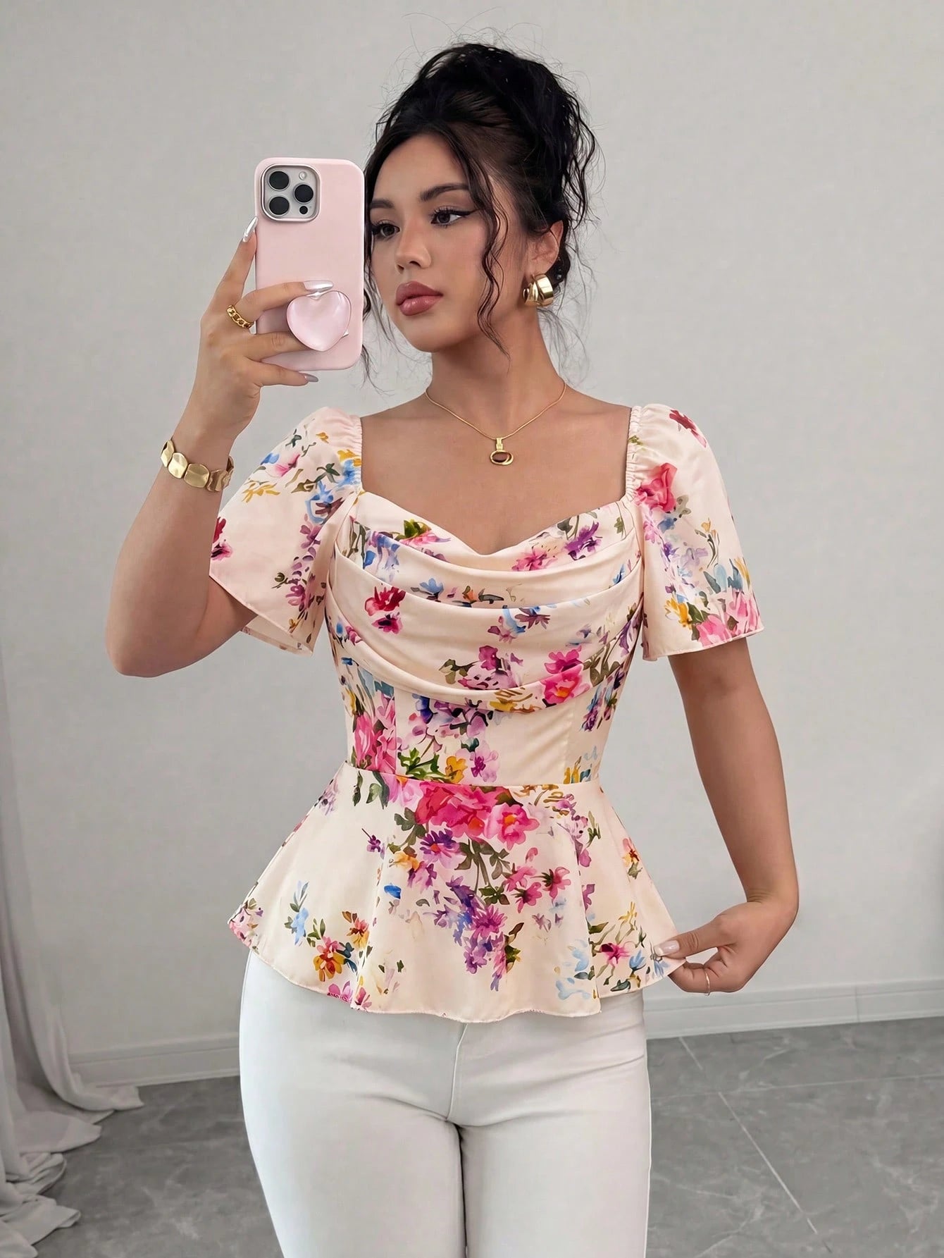 Elenzga Elegant Romantic Printed Ruffle Collar Fitted Women Blouse