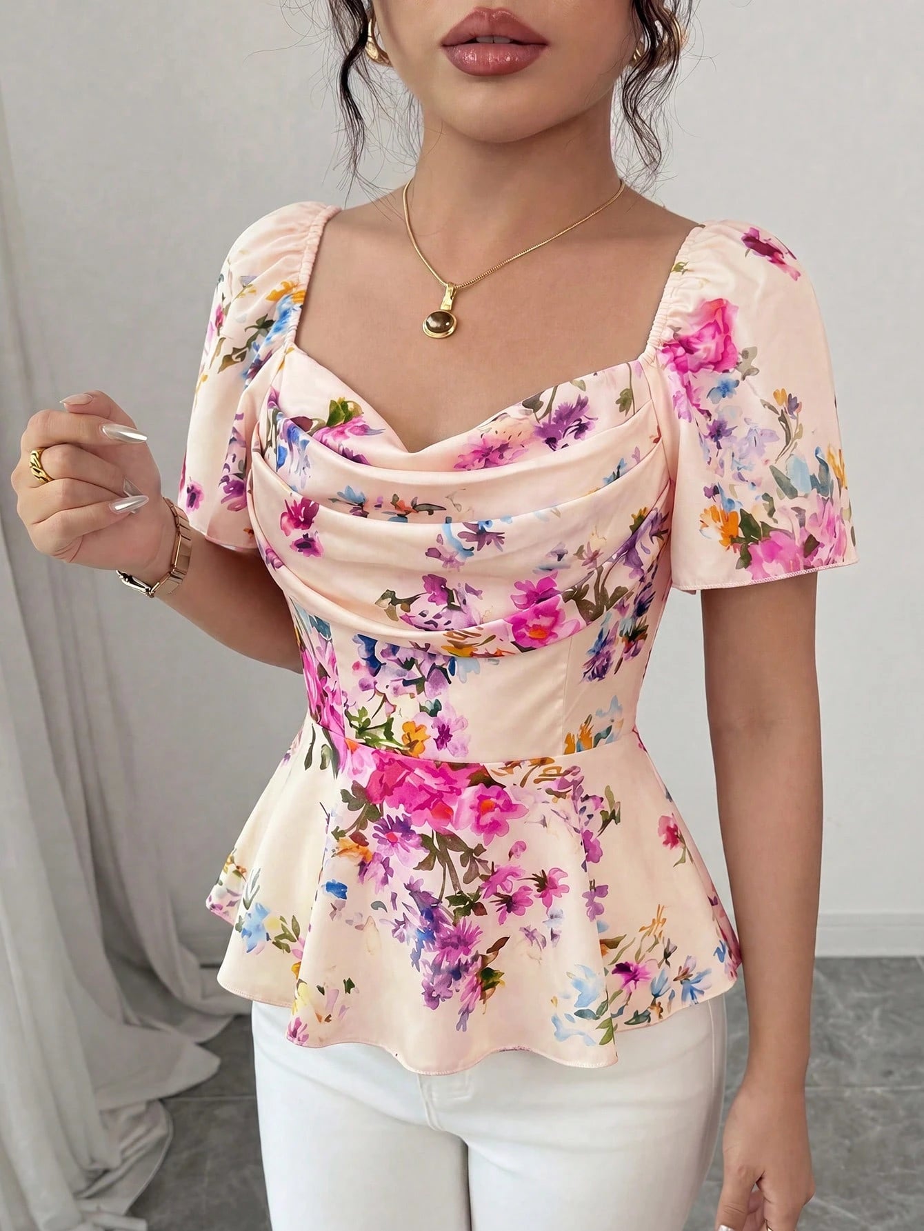 Elenzga Elegant Romantic Printed Ruffle Collar Fitted Women Blouse