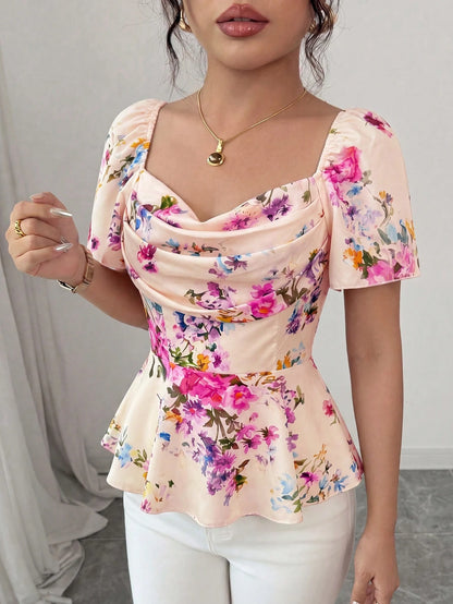 Elenzga Elegant Romantic Printed Ruffle Collar Fitted Women Blouse