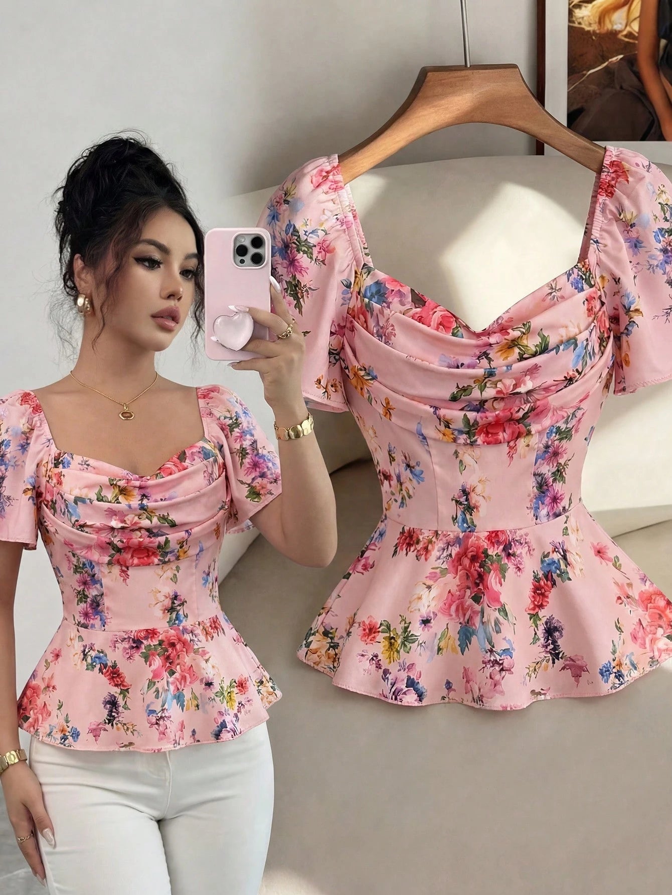 Elenzga Elegant Romantic Printed Ruffle Collar Fitted Women Blouse