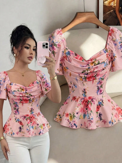 Elenzga Elegant Romantic Printed Ruffle Collar Fitted Women Blouse