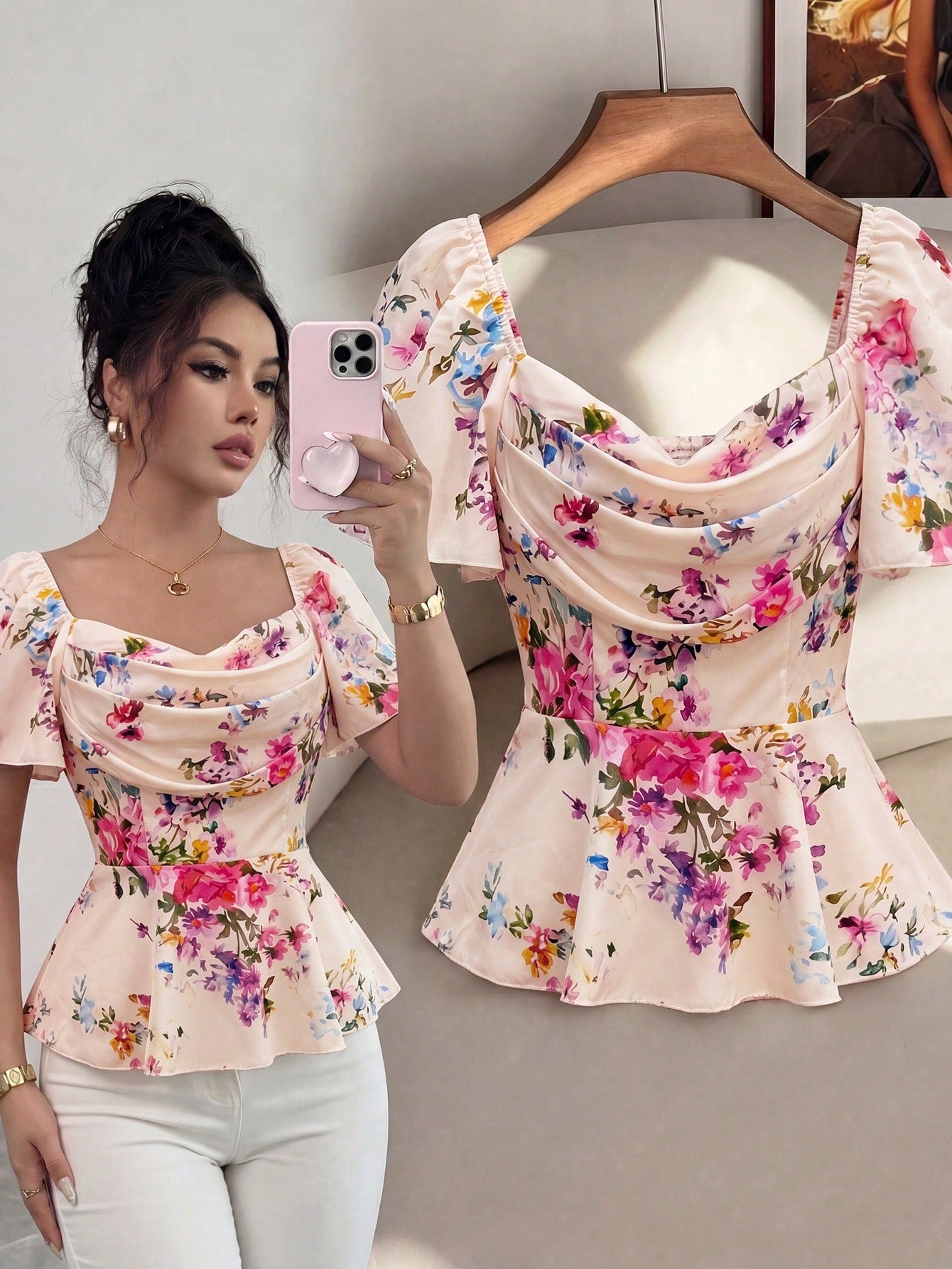 Elenzga Elegant Romantic Printed Ruffle Collar Fitted Women Blouse
