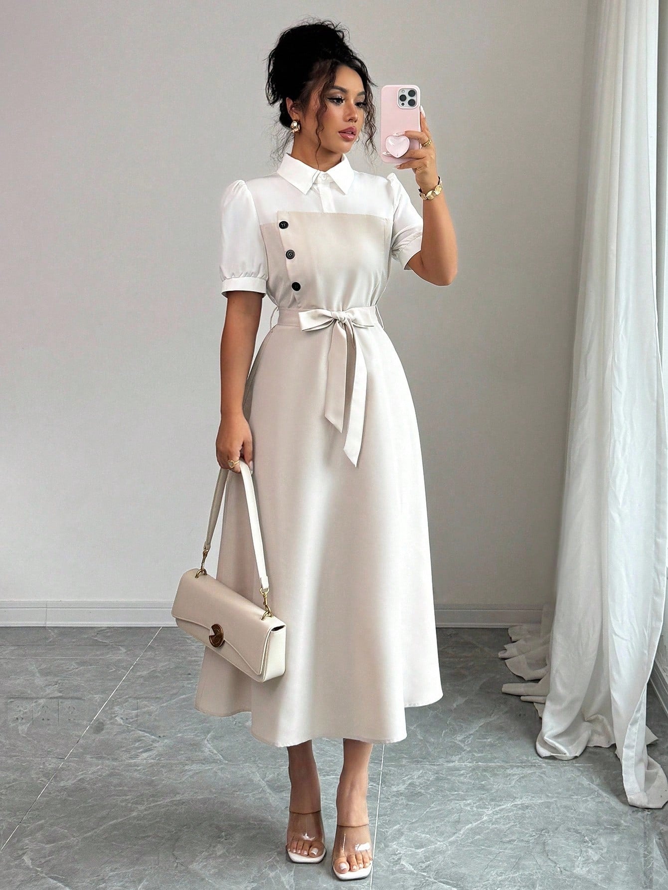 Elenzga Elegant Romantic Vacation Commute Business Color Block Shirt Collar Mid-Length Women Dress