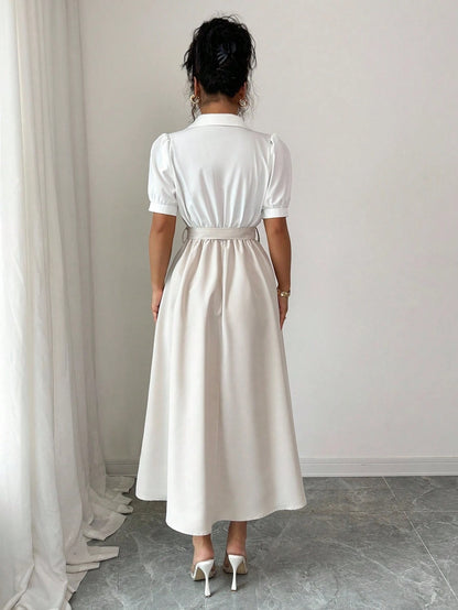 Elenzga Elegant Romantic Vacation Commute Business Color Block Shirt Collar Mid-Length Women Dress
