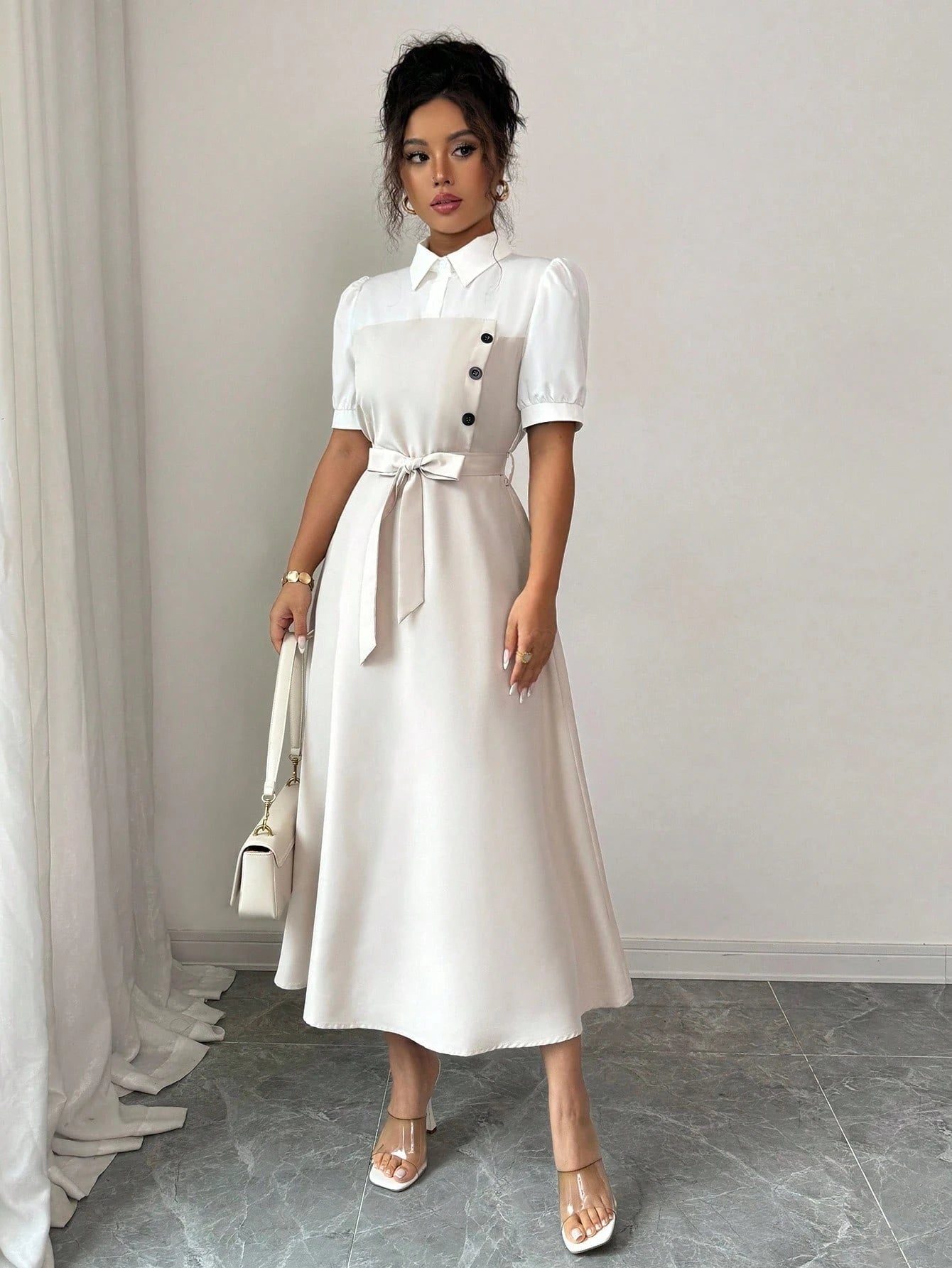 Elenzga Elegant Romantic Vacation Commute Business Color Block Shirt Collar Mid-Length Women Dress