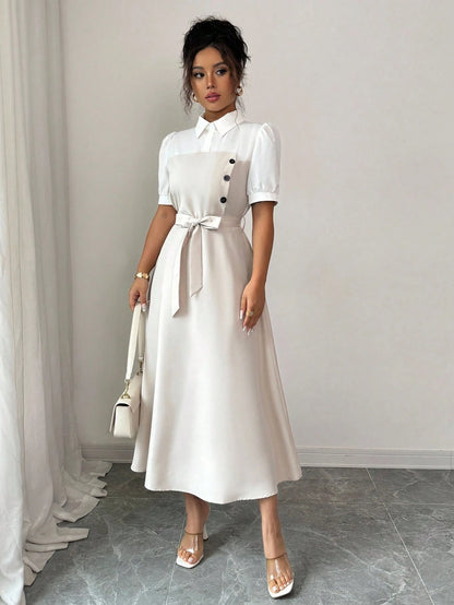Elenzga Elegant Romantic Vacation Commute Business Color Block Shirt Collar Mid-Length Women Dress