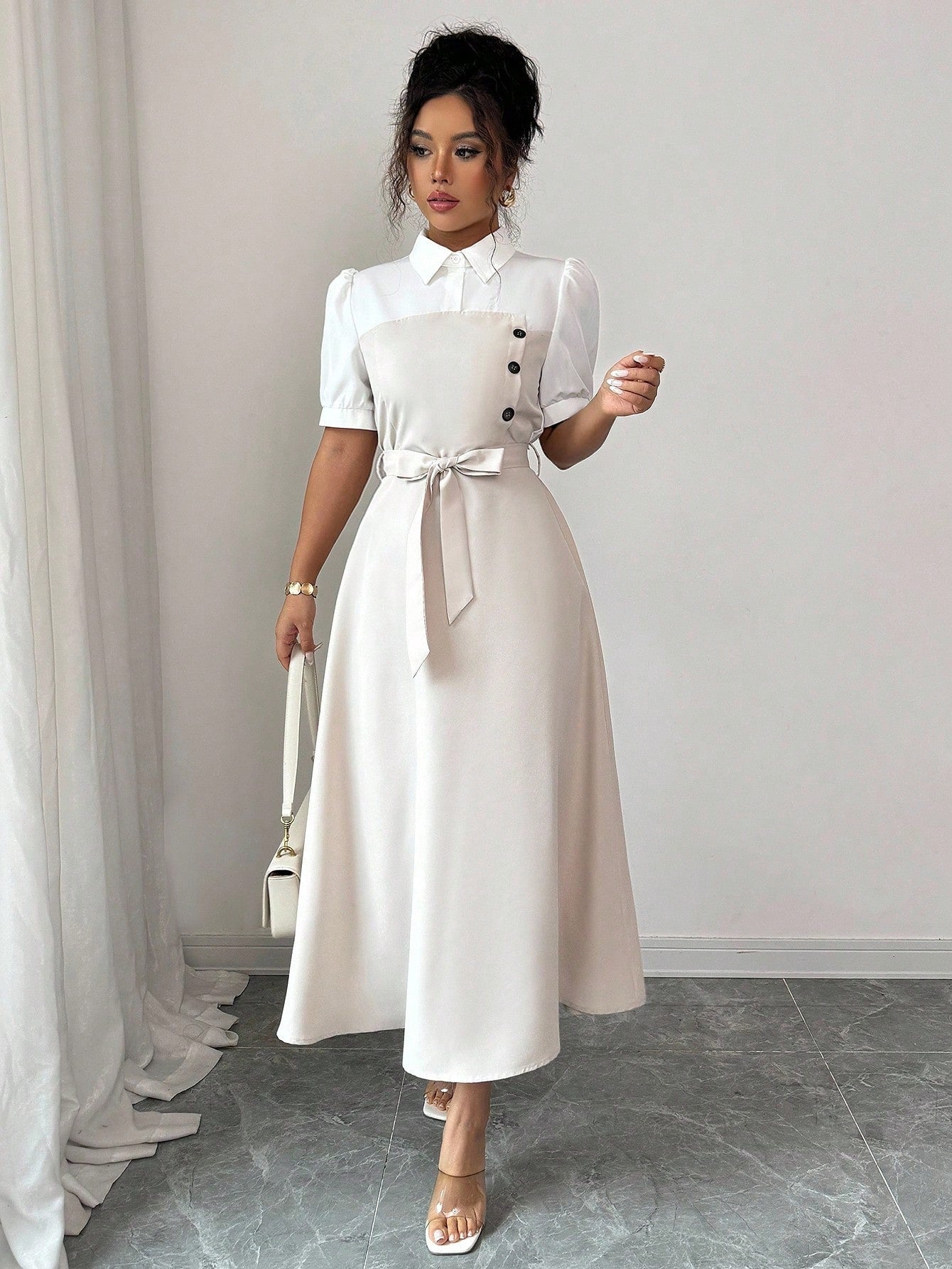 Elenzga Elegant Romantic Vacation Commute Business Color Block Shirt Collar Mid-Length Women Dress