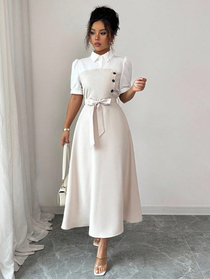 Elenzga Elegant Romantic Vacation Commute Business Color Block Shirt Collar Mid-Length Women Dress