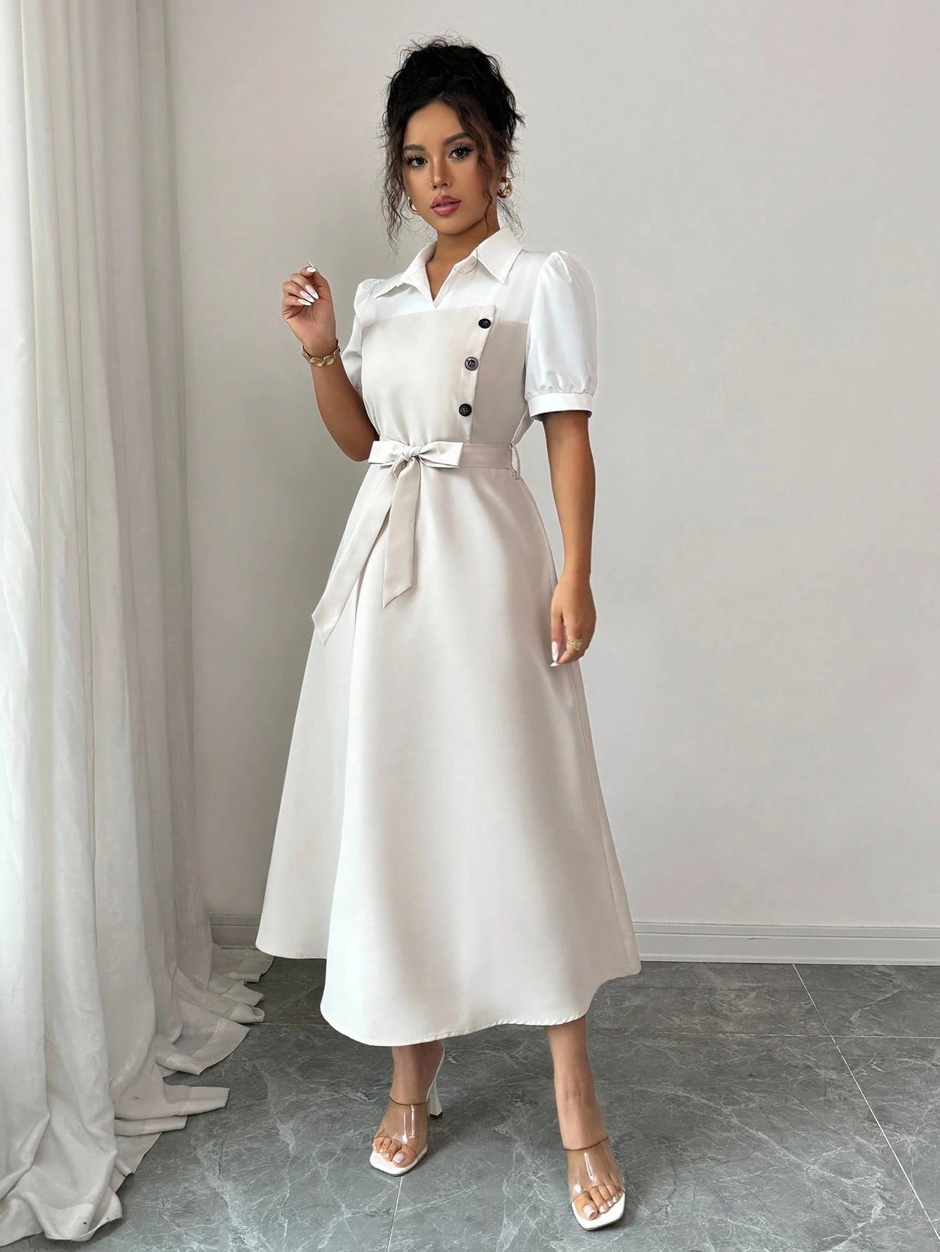 Elenzga Elegant Romantic Vacation Commute Business Color Block Shirt Collar Mid-Length Women Dress