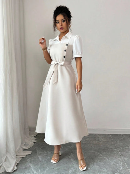 Elenzga Elegant Romantic Vacation Commute Business Color Block Shirt Collar Mid-Length Women Dress