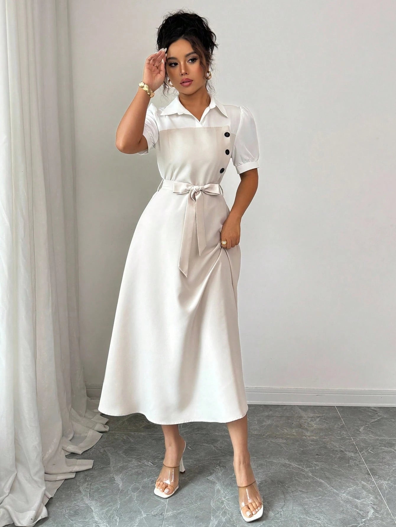 Elenzga Elegant Romantic Vacation Commute Business Color Block Shirt Collar Mid-Length Women Dress