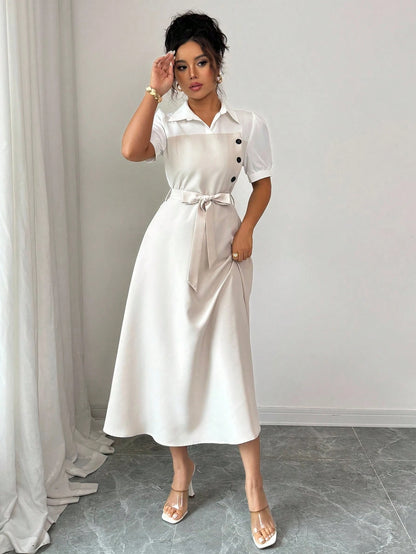 Elenzga Elegant Romantic Vacation Commute Business Color Block Shirt Collar Mid-Length Women Dress