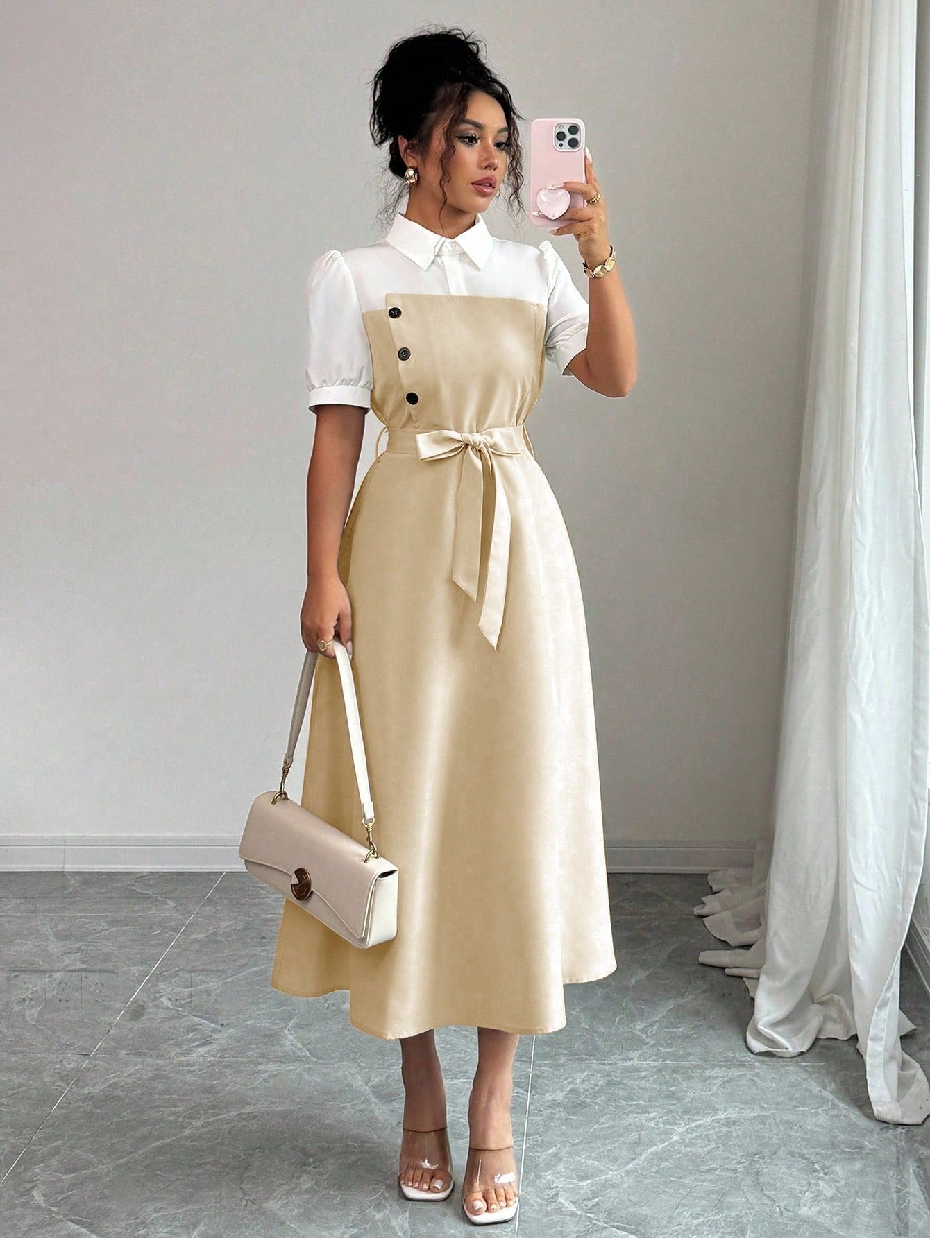 Elenzga Elegant Romantic Vacation Commute Business Color Block Shirt Collar Mid-Length Women Dress