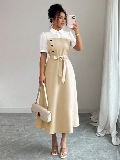 Elenzga Elegant Romantic Vacation Commute Business Color Block Shirt Collar Mid-Length Women Dress
