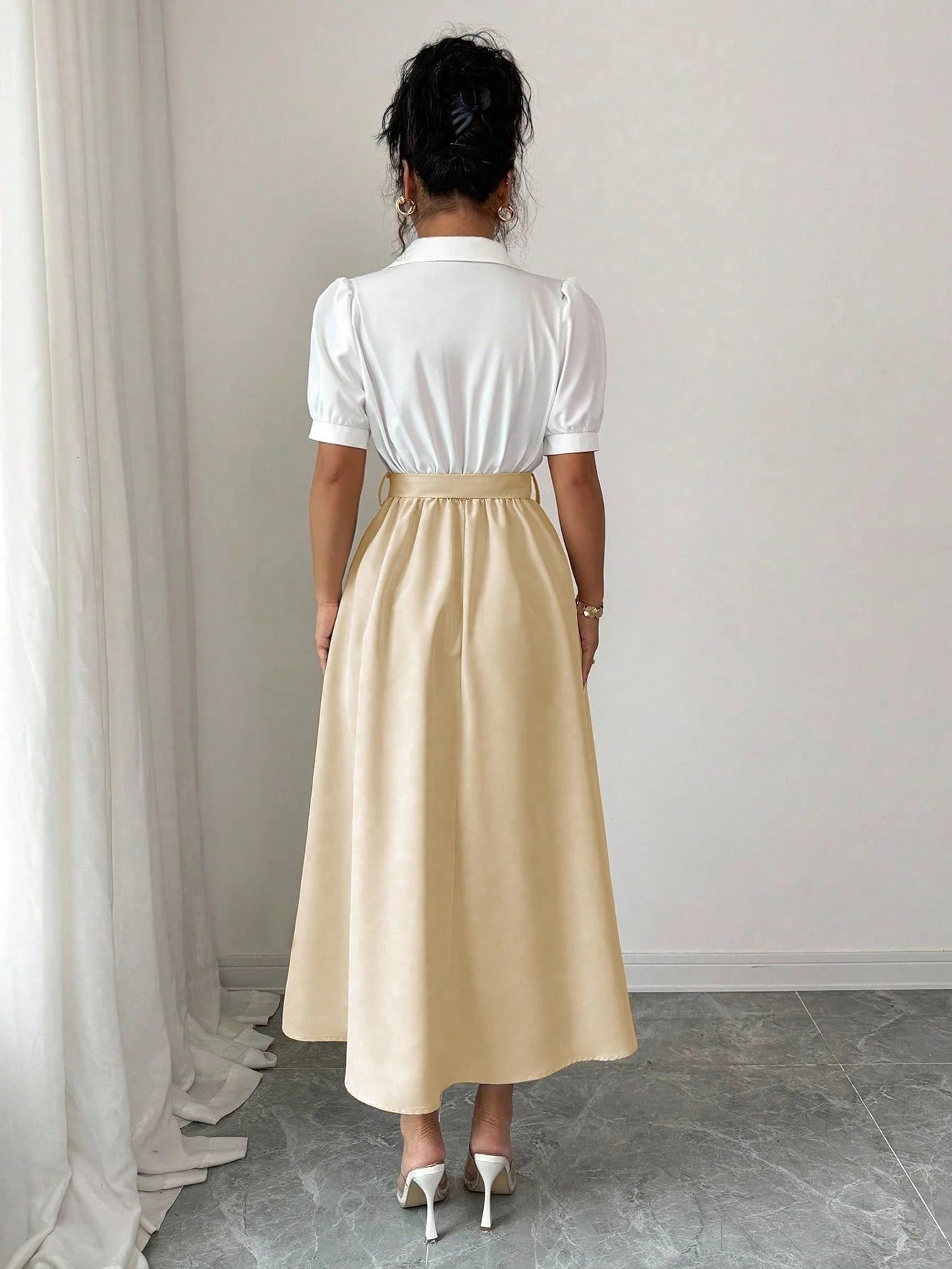 Elenzga Elegant Romantic Vacation Commute Business Color Block Shirt Collar Mid-Length Women Dress