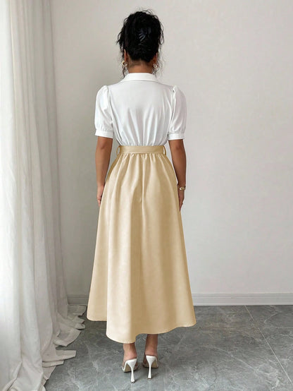 Elenzga Elegant Romantic Vacation Commute Business Color Block Shirt Collar Mid-Length Women Dress