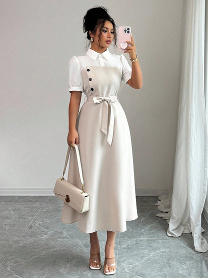 Elenzga Elegant Romantic Vacation Commute Business Color Block Shirt Collar Mid-Length Women Dress