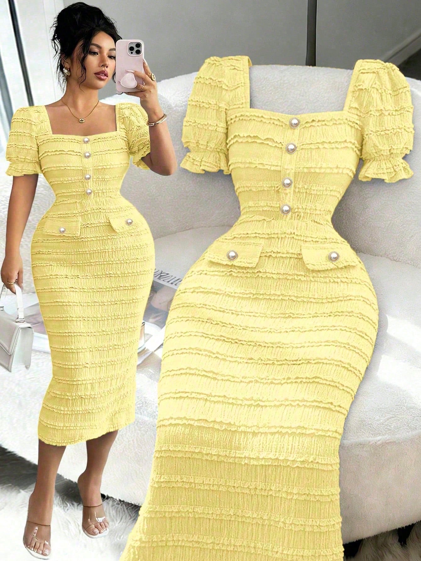 Elenzga New Arrival Square Neck Short Sleeve Textured Knit Midi Dress, Elegant Versatile Fitted Silhouette For Women