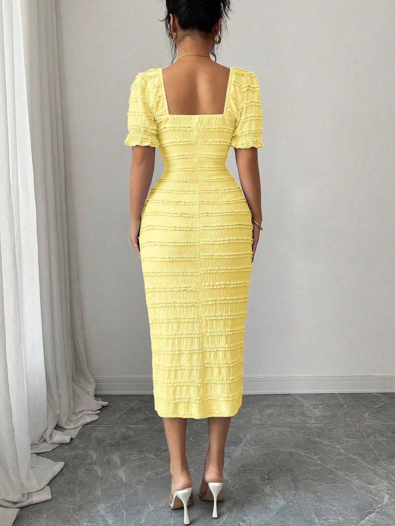 Elenzga New Arrival Square Neck Short Sleeve Textured Knit Midi Dress, Elegant Versatile Fitted Silhouette For Women