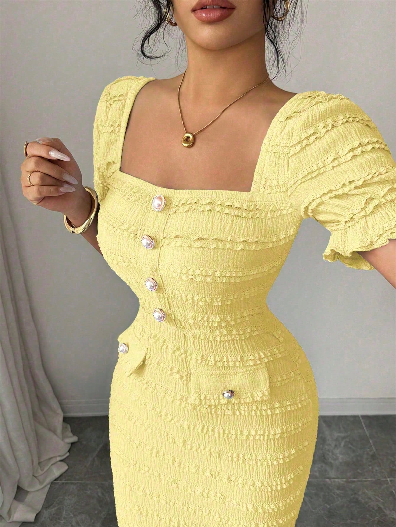 Elenzga New Arrival Square Neck Short Sleeve Textured Knit Midi Dress, Elegant Versatile Fitted Silhouette For Women