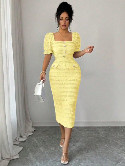 Elenzga New Arrival Square Neck Short Sleeve Textured Knit Midi Dress, Elegant Versatile Fitted Silhouette For Women