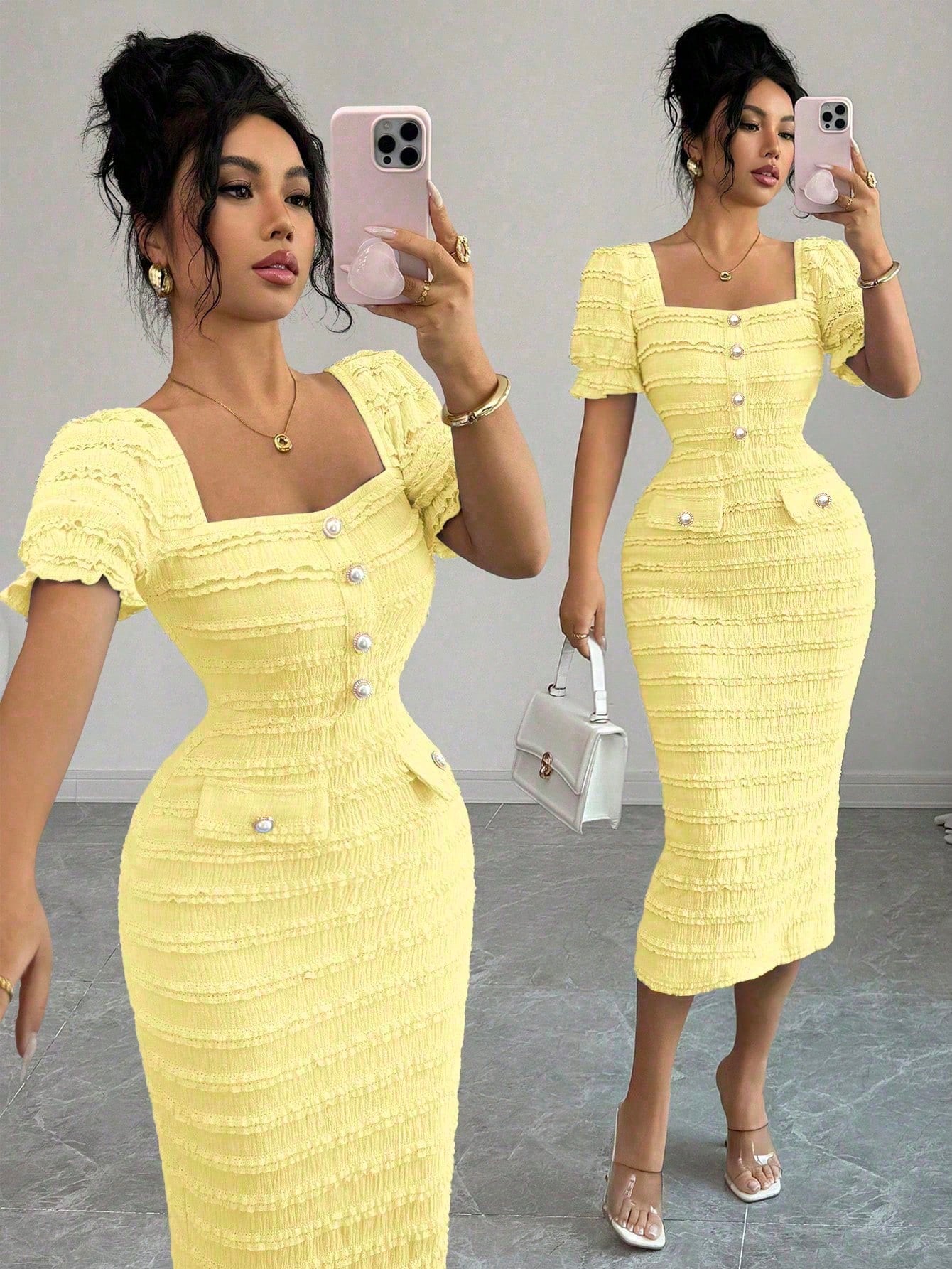 Elenzga New Arrival Square Neck Short Sleeve Textured Knit Midi Dress, Elegant Versatile Fitted Silhouette For Women