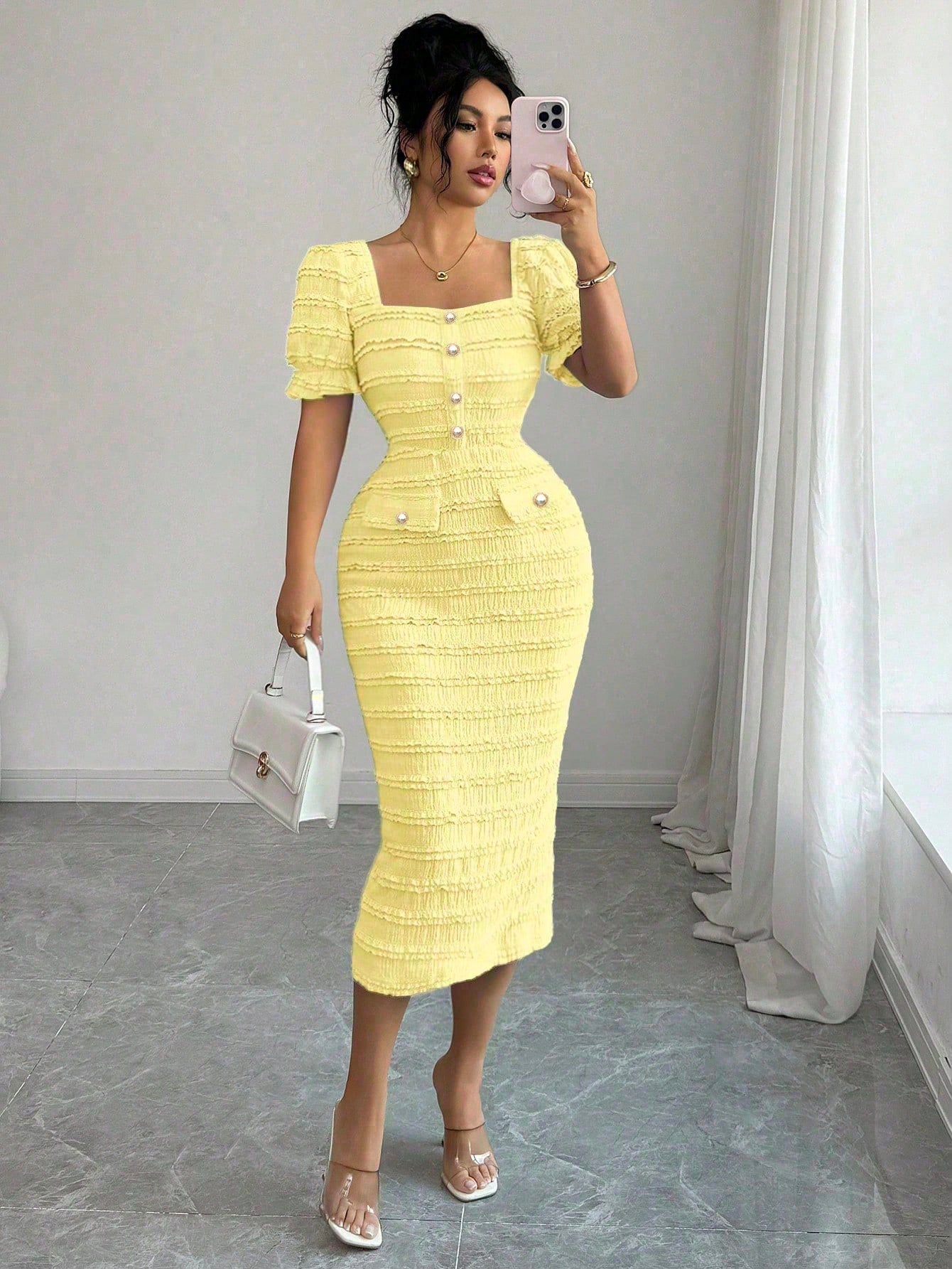 Elenzga New Arrival Square Neck Short Sleeve Textured Knit Midi Dress, Elegant Versatile Fitted Silhouette For Women